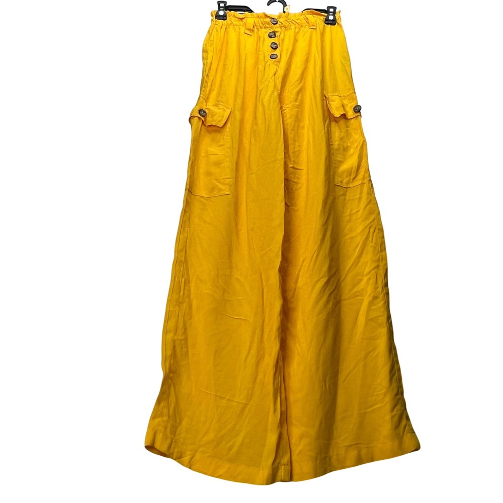 Helium London Cargo Pants Womens S Yellow Rayon Wide Leg Paperbag Waist Casual